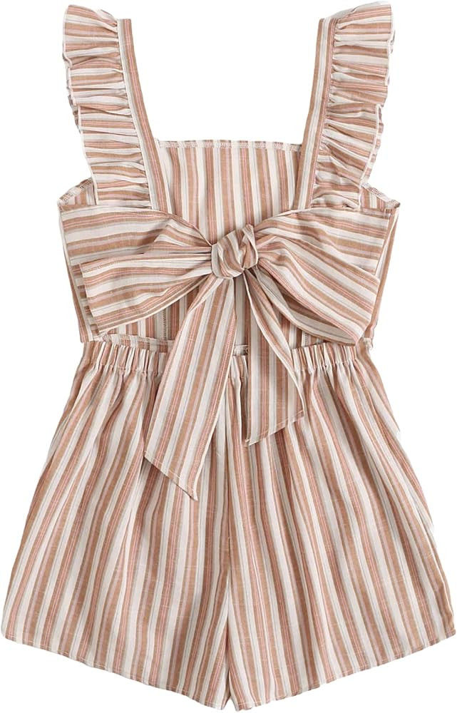Verdusa Women's Striped Print Frill Trim Sleeveless Tie Back Romper Shorts Jumpsuit | Amazon (US)