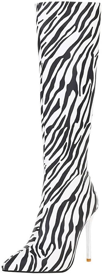 Women Zebra Print Knee High Boots Stiletto High Heel Pointed Toe Knee Length Boots | Amazon (US)