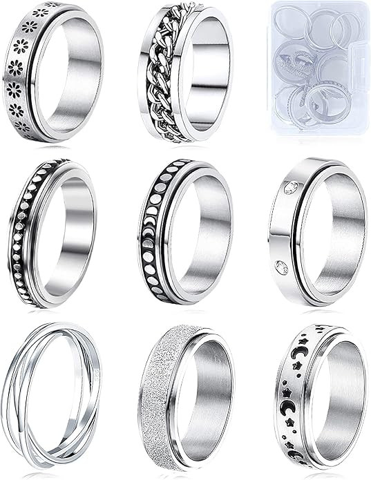 MUCAL Fidget Rings for Anxiety 8pcs Stainless Steel Spinner Ring Anti Anxiety Ring Spinning Moon ... | Amazon (US)