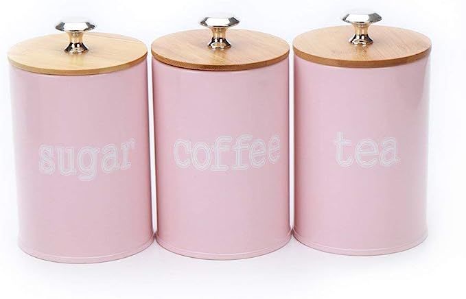 X022S Set of 3 Metal Food Storage Tin Canister/Jar with Bamboo Lid (matte pink) | Amazon (US)