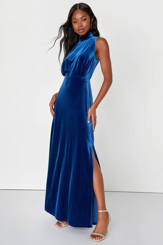 Classic Elegance Blue Velvet Sleeveless Mock Neck Maxi Dress | Lulus (US)