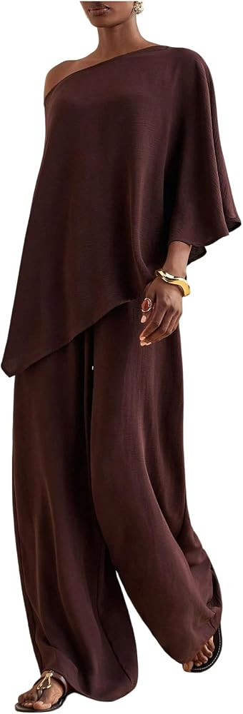Verdusa Pant Sets Women 2 Piece Outfits Off Shoulder Poncho Top with Pants | Amazon (US)