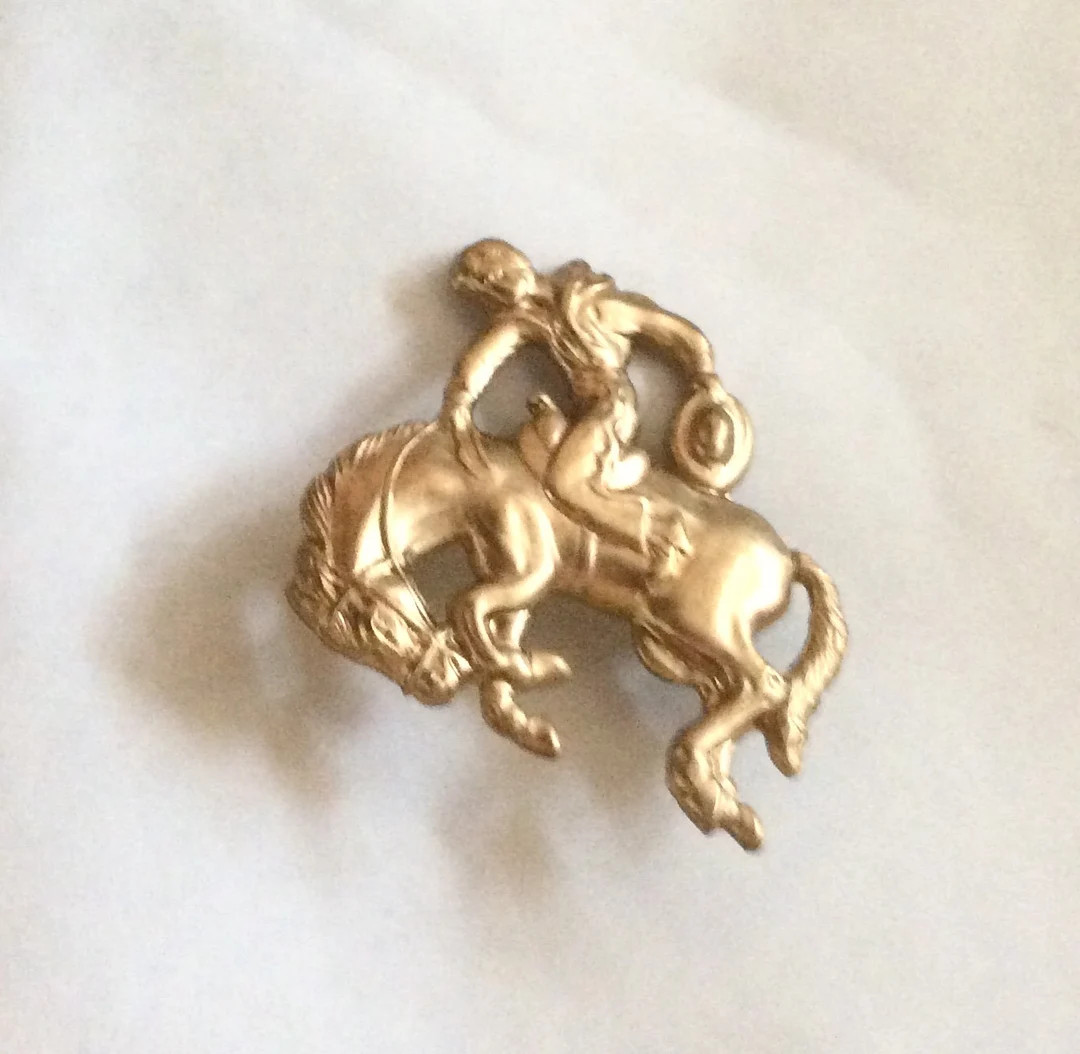Cowboy Bucking Bronco Rodeo Wild West Brooch Pin Vintage Finding Raw Brass Quirky - Etsy | Etsy (US)
