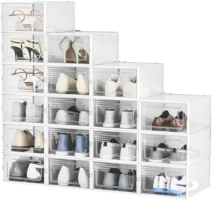 Clear Shoe Boxes Stackable,18 Pack Shoe Case Fit up to US Size 10,Small/White | Amazon (US)