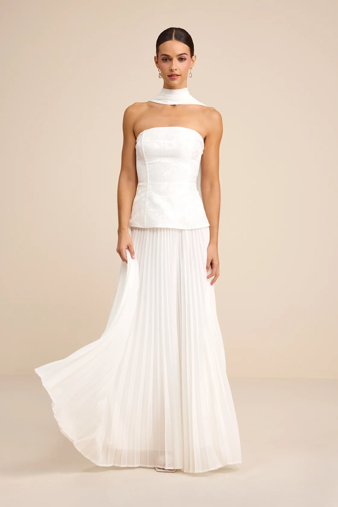 Eloise White Jacquard Pleated Maxi Dress and Scarf Set | Lulus