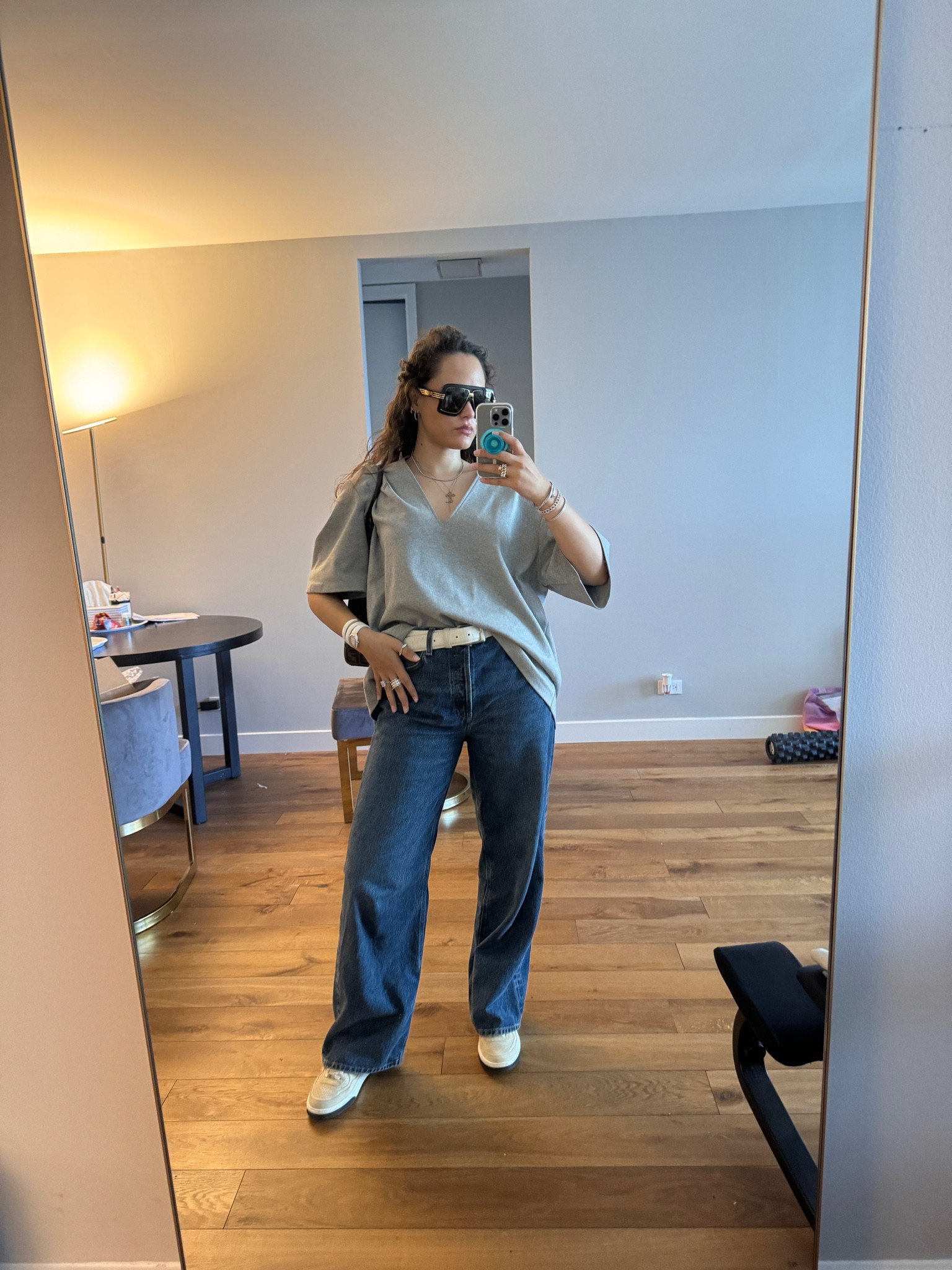 Grey v-neck short sleeve top, blue jeans, nude trainers, sunglasses

#LTKstyletip #LTKeurope #LTKSeasonal