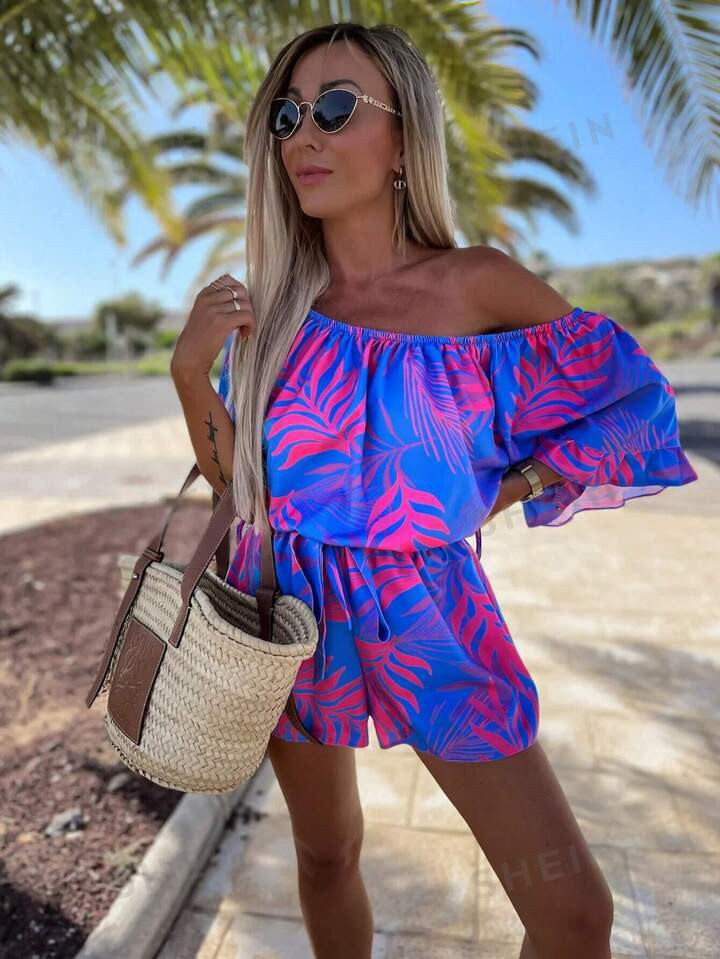 SHEIN VCAY Printed Off Shoulder Jumpsuit With Belted Waist And Ruffle Sleeve | SHEIN