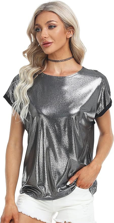 MISS MOLY Women's Metallic Tops Short Sleeve Crewneck Holographic Shiny Tees Glitter Sparkle Shir... | Amazon (US)