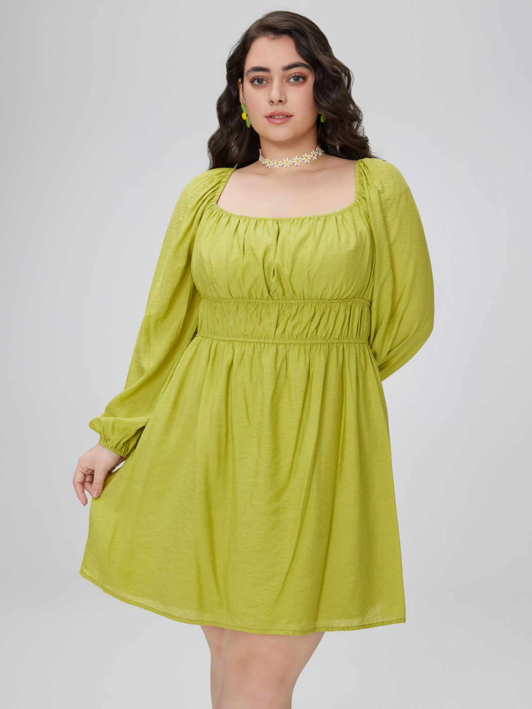 Woven Square Neck Solid Short Dress Curve & Plus For Vacation | Cider