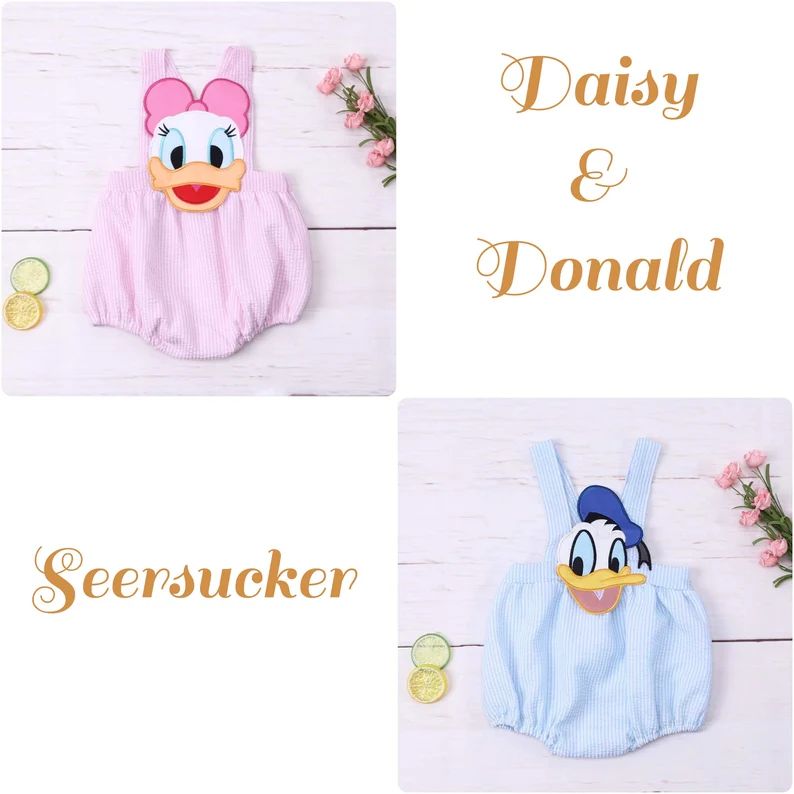 Donald & Daisy Seersucker Disney Appliqué Embroidered Bubble Rompers | Etsy (US)