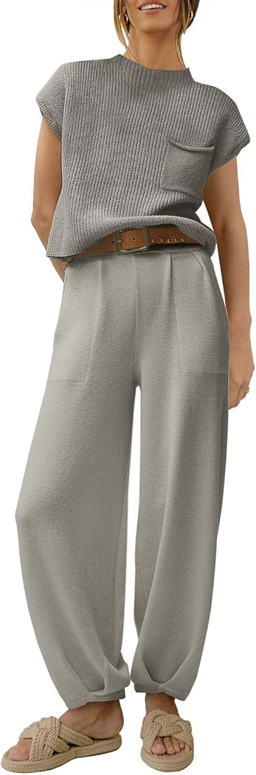 Caracilia Women's Fashion Two Piece Outfits Sweater Sets Cozy Knit Tops & Casual Pants Tracksuit Lou | Amazon (US)