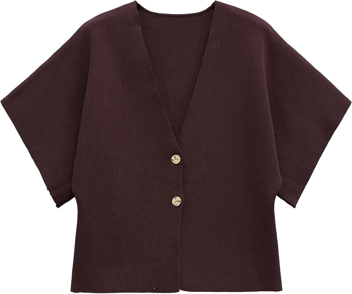 hathne Women's V Neck Short Sleeve Cardigan Sweater Button Down Ribbed Knit Tops | Amazon (US)