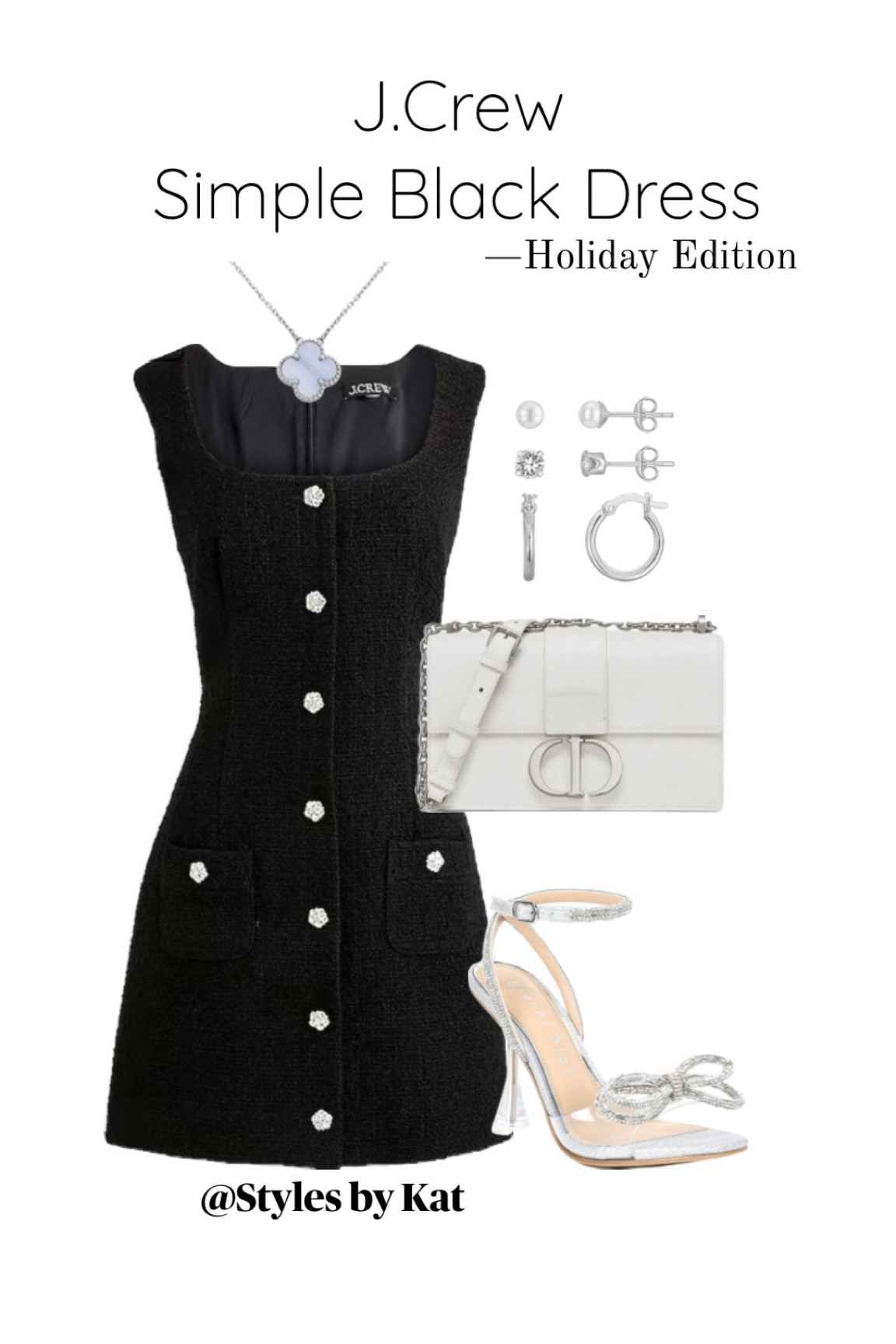 J.Crew simple black dress! Holiday edition! Found this beautiful black dress with sparkly buttons on sale at J.Crew! Paired with sparkle bow heels, a Christian Dior evening bag, and silver jewelry. Perfect for a last minute holiday party look! 

#LTKHoliday #LTKSeasonal #LTKitbag