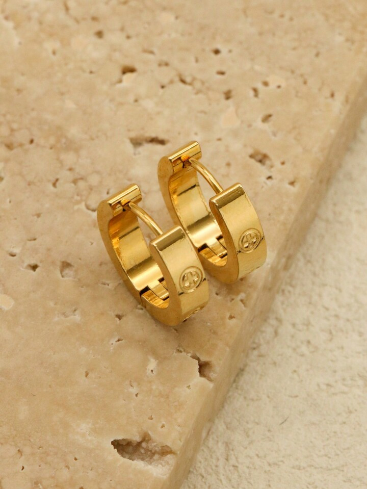 1Pairs/2Pcs 4mm Width Gold Color Stainless Steel Love Earrings For Women Ladies Hoop Earings Jewe... | SHEIN