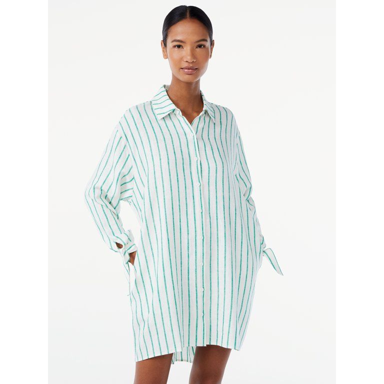 Scoop Women's Linen Blend Shirt Dress with Tie Sleeve Cuffs | Walmart (US)