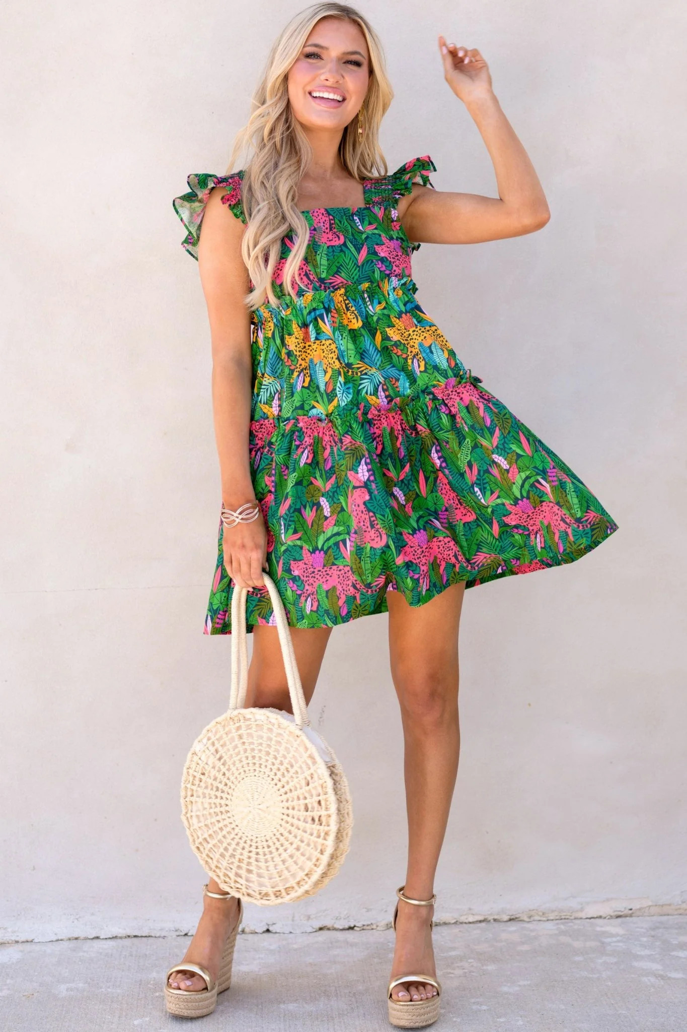 Jungle Roar Green Multi Print Dress | Red Dress 