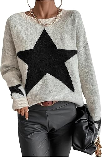 SOLY HUX Women's Sweater Star Print Pullover Tops Long Sleeve Crewneck Drop Shoulder Knit Casual ... | Amazon (CA)