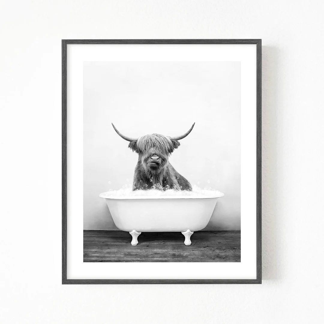 Highland Cow in a Vintage Bathtub, Rustic Bath Style in Black and White, Bathroom Art, Bathroom W... | Etsy (US)