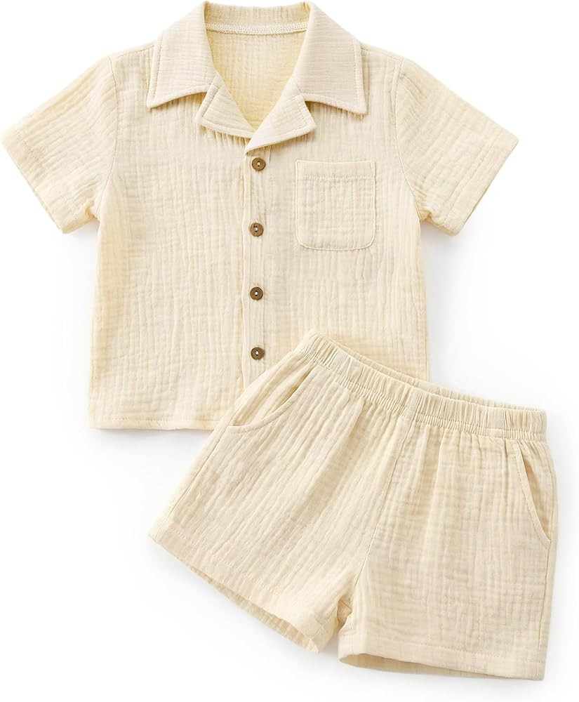 XMWEALTHY Toddler Baby Boy Summer Clothes Color Block Short Sleeve Button-down Shirt Tops + Cotto... | Amazon (US)