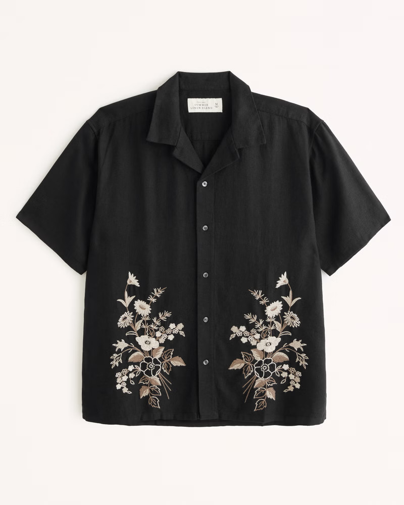 Camp Collar Summer Linen-Blend Embroidered Shirt | Abercrombie & Fitch (US)
