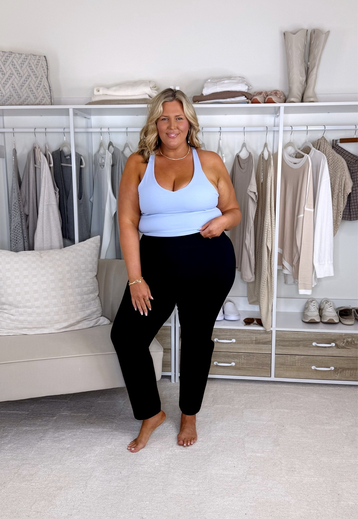 Spanx haul. Wearing a 3X in the blue swimsuit, a 2x in the black one piece, a 3X in the white half zip, the first black pants are a 2x petite, second black pants are a 2X regular and third black leggings are a 2x regular. Plus size, outfit inspo, apron belly, casual outfit, summer fashion, mom life

#LTKSeasonal #LTKPlusSize #LTKMidsize