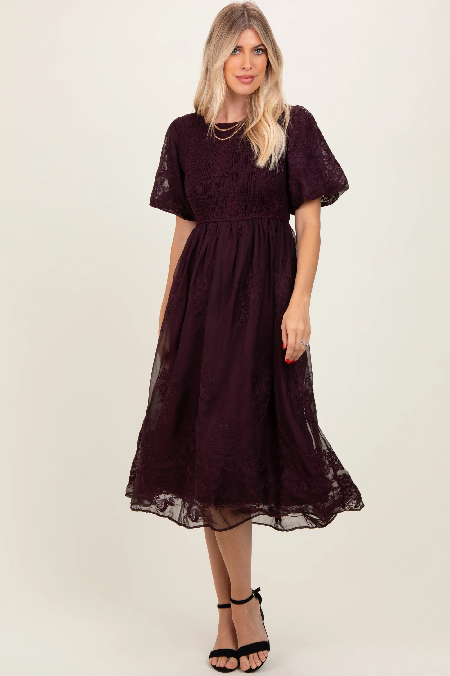 Plum Floral Lace Smocked Midi Dress | PinkBlush Maternity