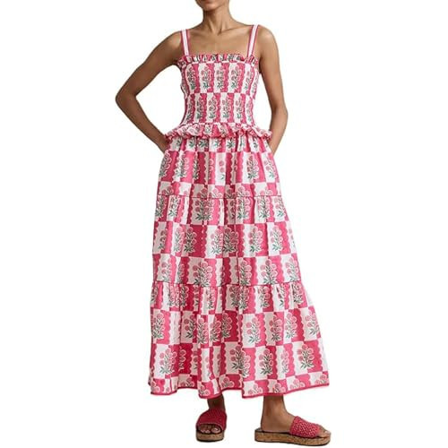 Women Summer Smocked Flowy Dress Spaghetti Strap Square Neck Floral Dress Ruffle Patchwork Boho A Line Midi Sun Dress (Pink, Medium) | Amazon (US)