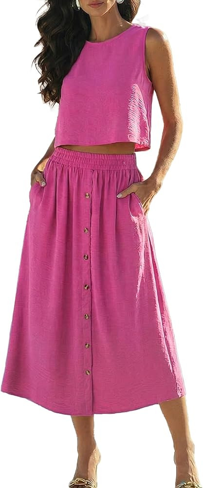 Kikibell Skirt Sets Women 2 Piece Outfits Sleeveless Tank Tops Midi Dress with Pockets Summer Flo... | Amazon (US)