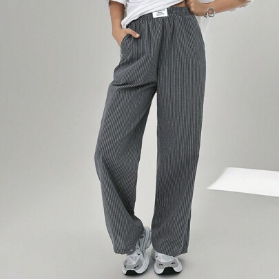 Women's Striped Straight Pants With Decorative Embroidery | SHEIN