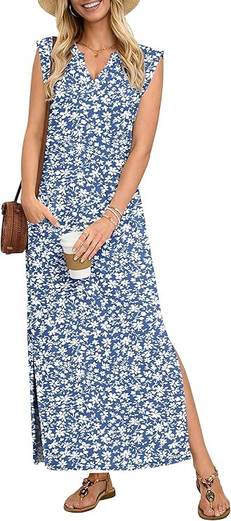 Women's V Neck Maxi Dresses, Straight-Cut Wrinkle-Free, Loose Split Sleeveless Vacation Dress wit... | Amazon (US)