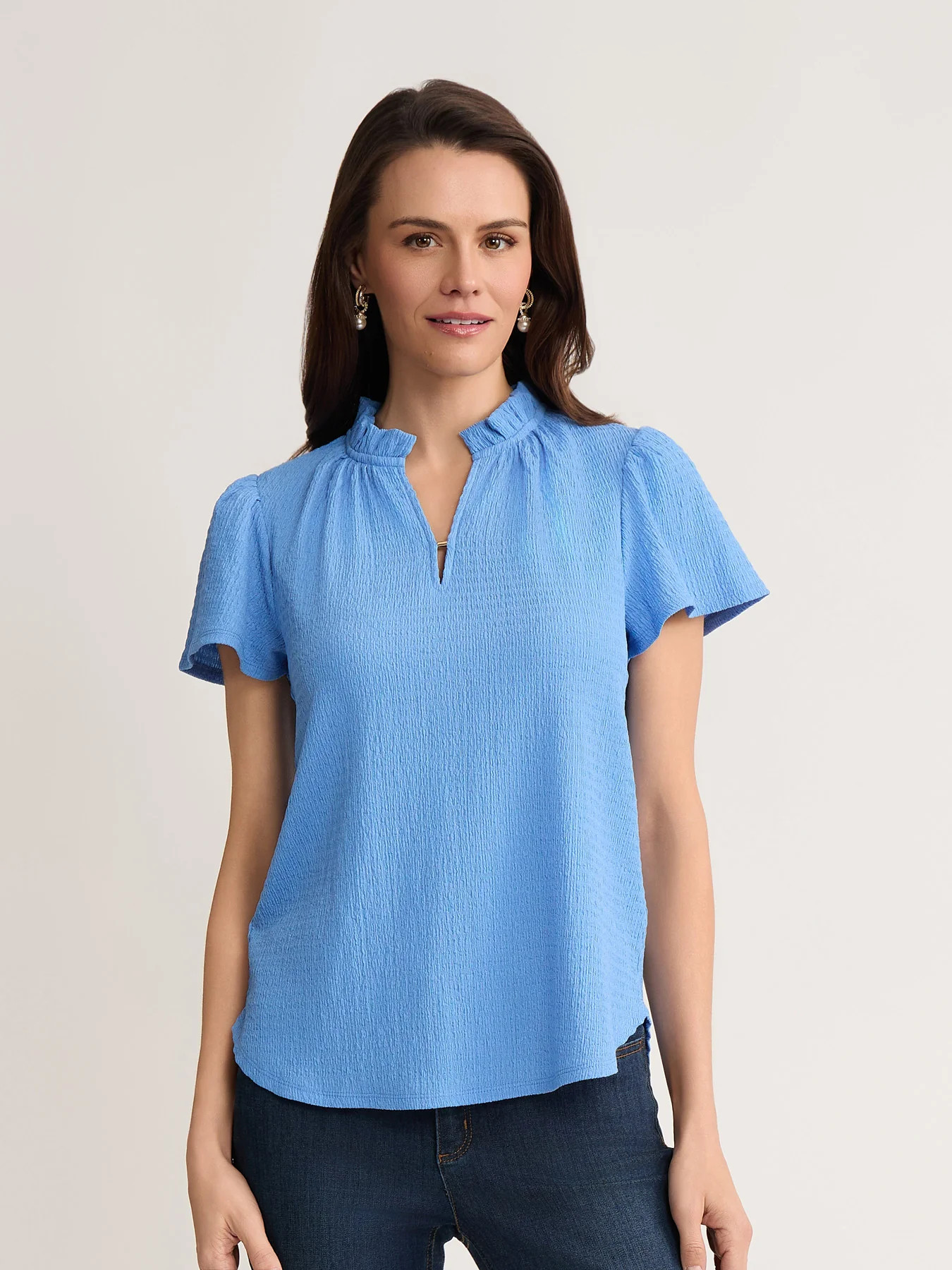 Ruffle Trim Flutter Sleeve Top, Seabreeze Crinkle | Jones New York