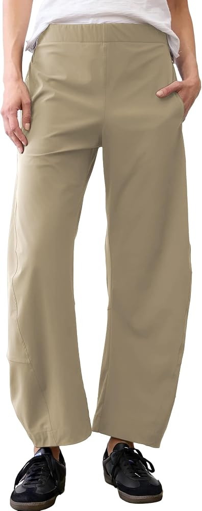 SeeLuNa Women Barrel Travel Pants Elastic Waistband Tapered Leg Baggy Mid Rise Work Trousers Lounge Pant with Pockets | Amazon (US)