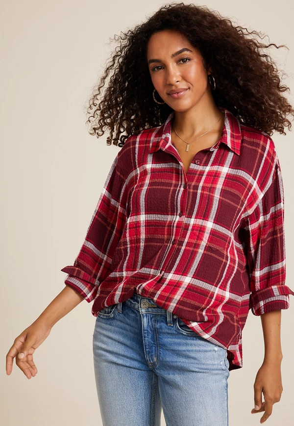 Pucker Plaid Button Up Shirt | Maurices