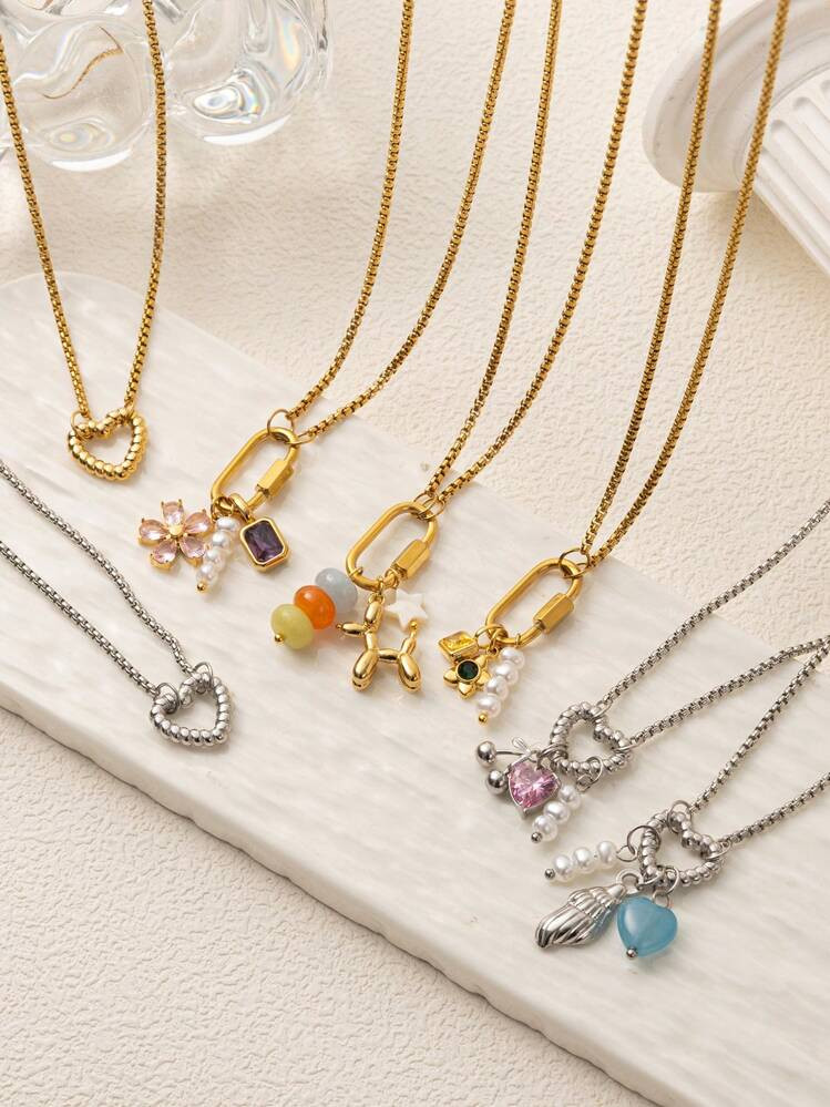 1Pc Stainless Steel Heart Ring Buckle, 12 Birthstone Pearl Pendant DIY Necklace, Electroplated Wi... | SHEIN