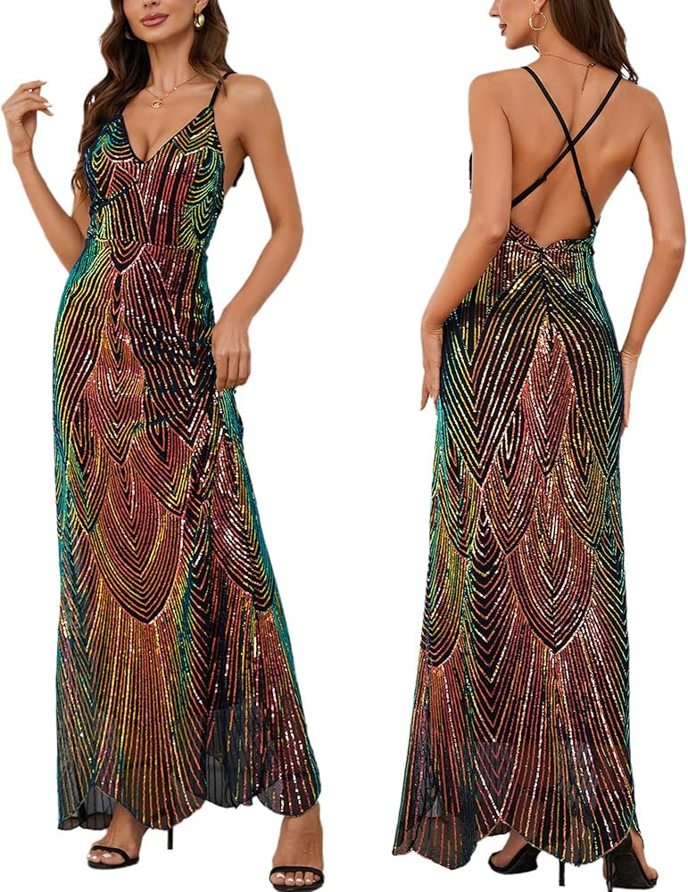 Women's V Neck Spaghetti Straps Sequin Sparkly Glitter Irregular Hem Prom Dress Bcakless Maxi Eve... | Amazon (US)