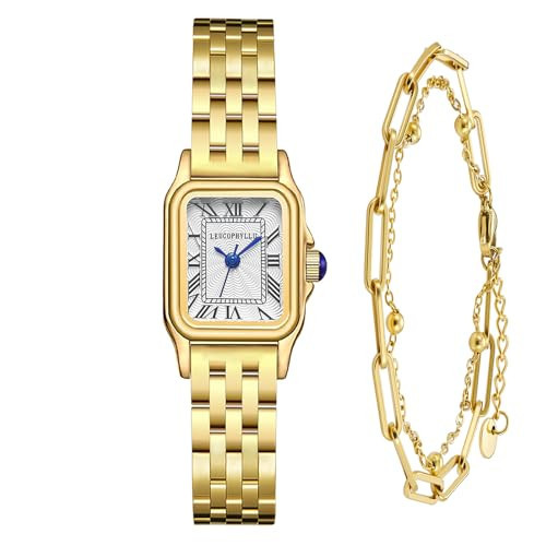 LEUCOPHYLLU Small Gold Watches for Women with Vintage Rectangular Case, Classic Roman Dial,Stainless Steel Band Water Resistant with Bracelet Chain (Golden with Golden Chain) | Amazon (US)