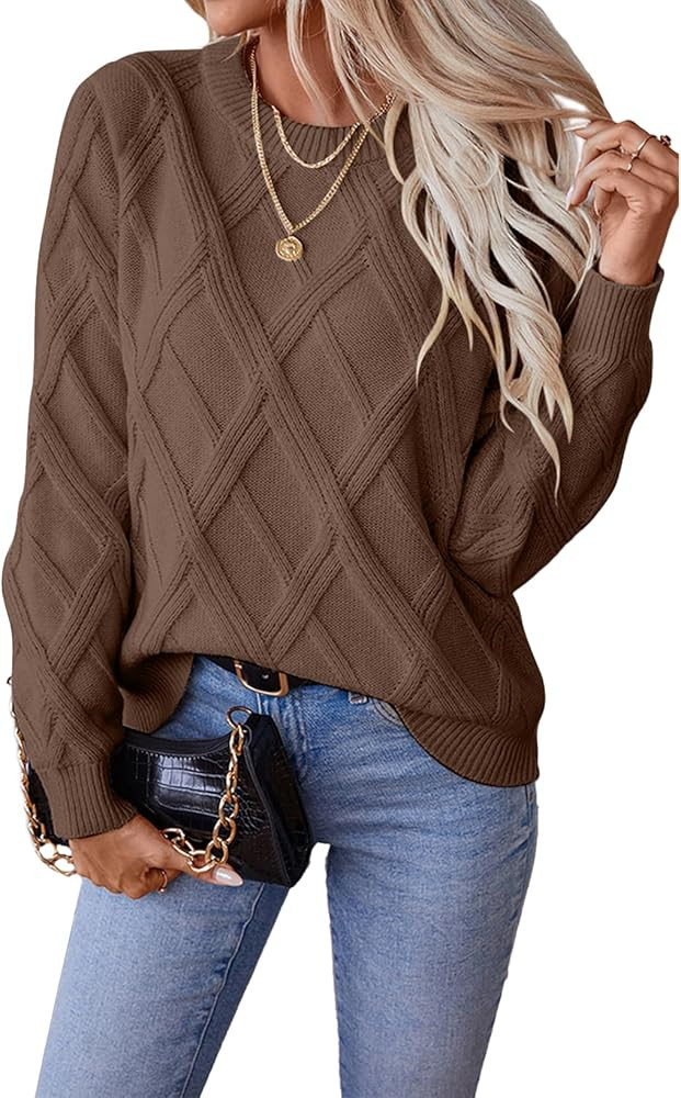 SHEWIN Womens Sweaters Crewneck Cable Knit Sweater Long Sleeve Fall Tops for Women 2025 | Amazon (US)