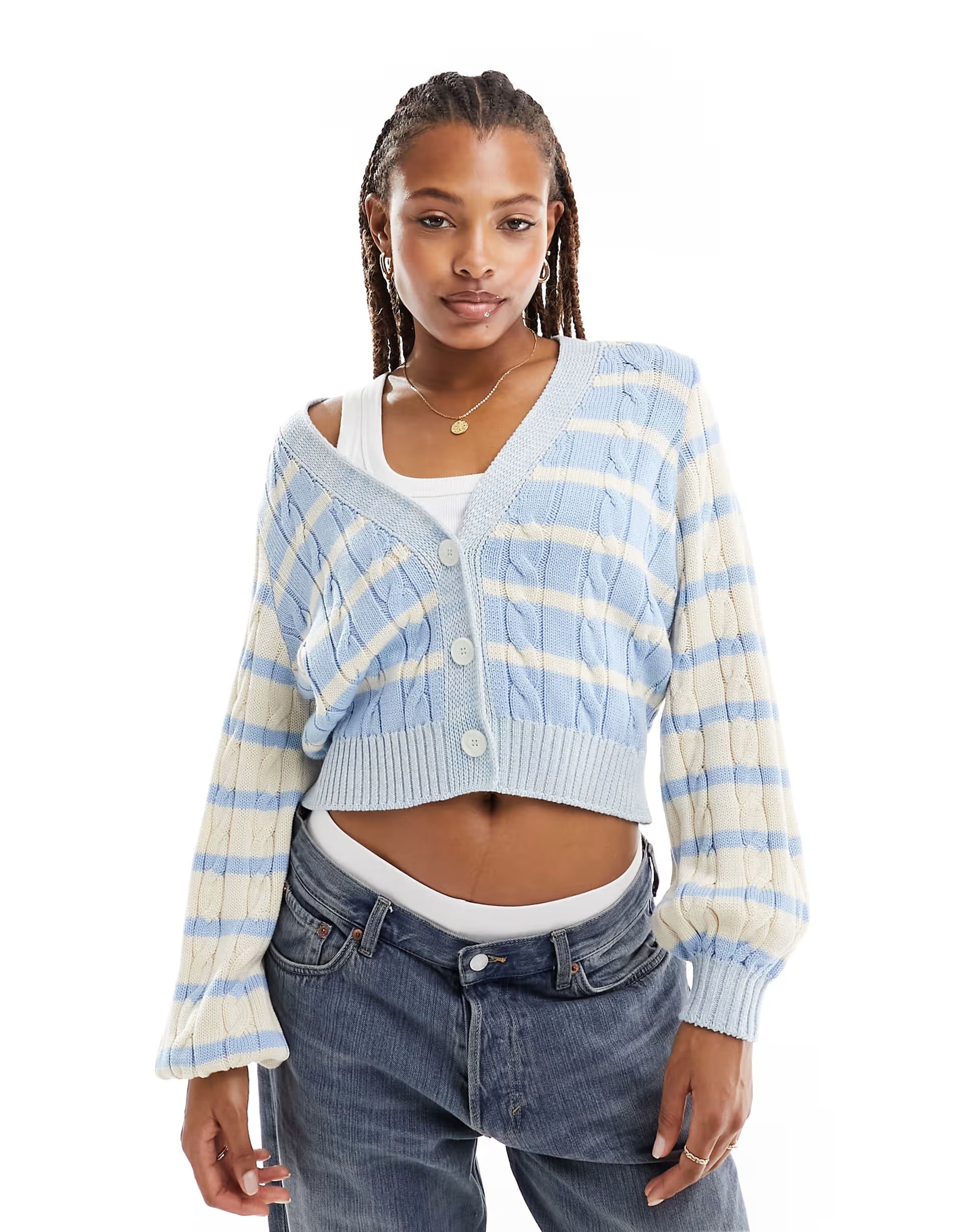 ASOS DESIGN knitted cable cardigan in blue and cream stripe | ASOS | ASOS (Global)