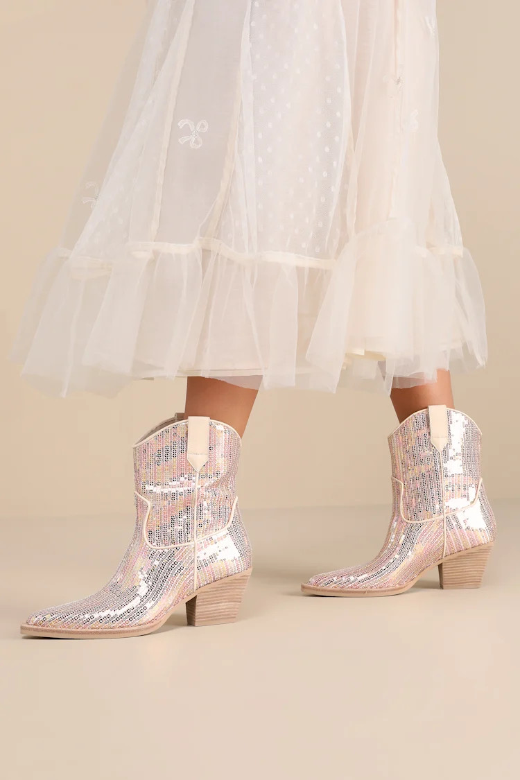 Runa Cream Sequin Western Ankle Booties | Lulus