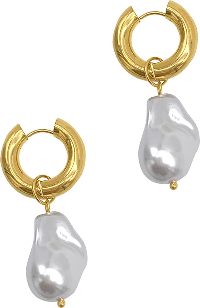 14K Yellow Gold Plated Shell Pearl Drop Huggie Earrings | Nordstrom Rack