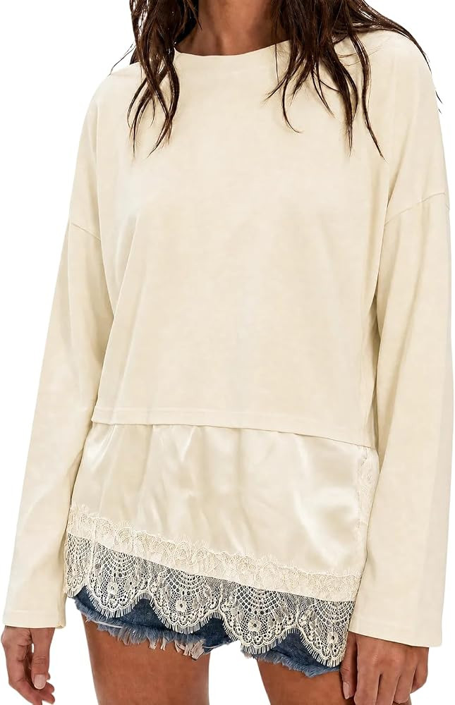 Tankaneo Womens Long Sleeve Lace Trim Tops Fall Asymmetrical Tunic Shirts | Amazon (US)
