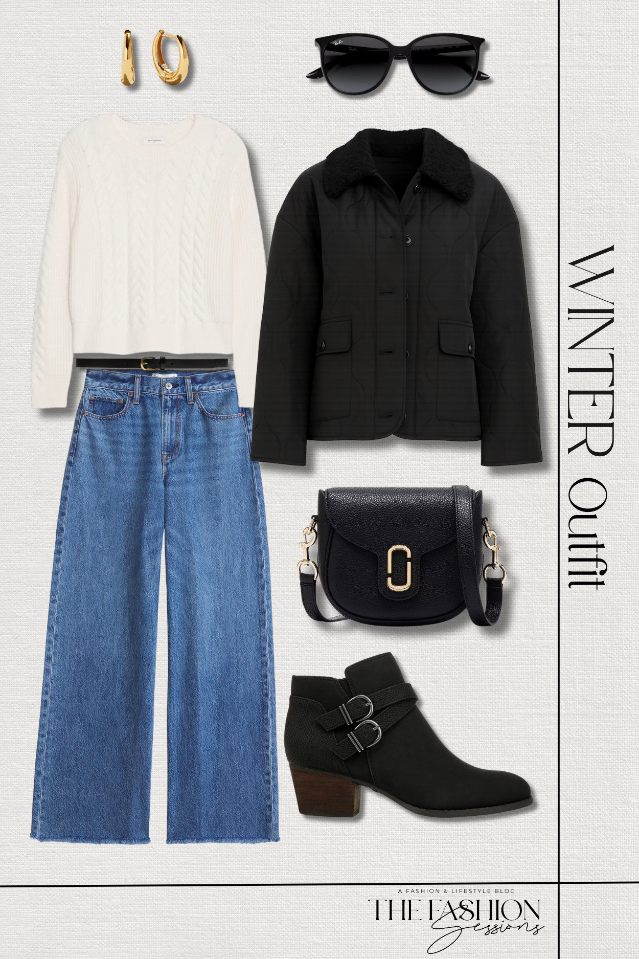 Winter Outfit Inspo!
quilted nylon jacket | high rise wide leg jean | cable pullover sweater | buckle bootie | marc jacobs pebble saddle bag | thin leather belt | ray-ban sunglasses | gold hoop earrings | winter outfit | casual outfit | shopping outfit | girl's day outfit | brunch outfit | elevated casual 

 #LTKootd #LTKOver40 #LTKSaleAlert