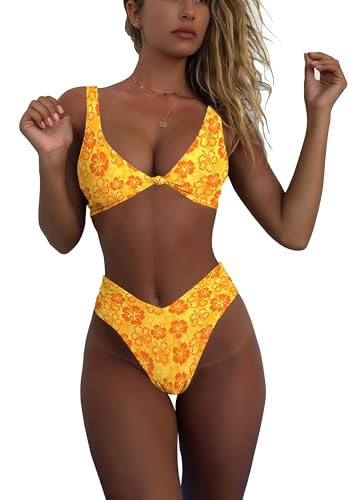 geluboao Women's Yellow Floral Bikini Sets 2 Piece High Waisted Bathing Suit for Women Cheeky V Cut Bikini Sexy Swimsuit Beach M | Amazon (US)