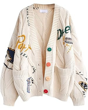 Women's Cable Knit Long Sleeve Open Front Cardigan Sheep V-Neck Button Down Embroidery Wool Blend... | Amazon (US)