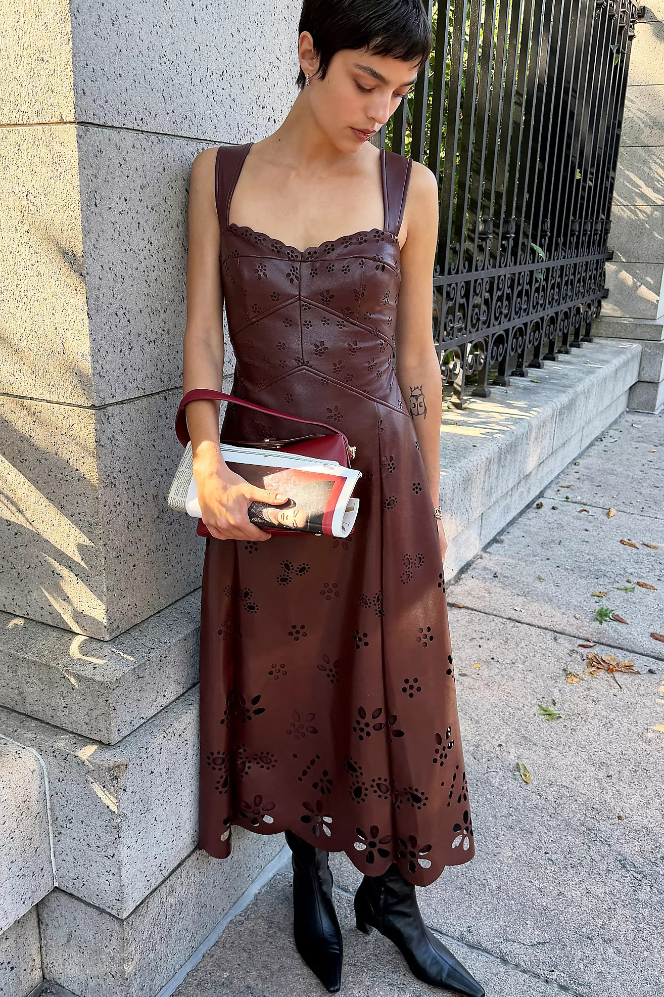Jocelyn Faux Leather Cutwork Midi Dress | Anthropologie (US)