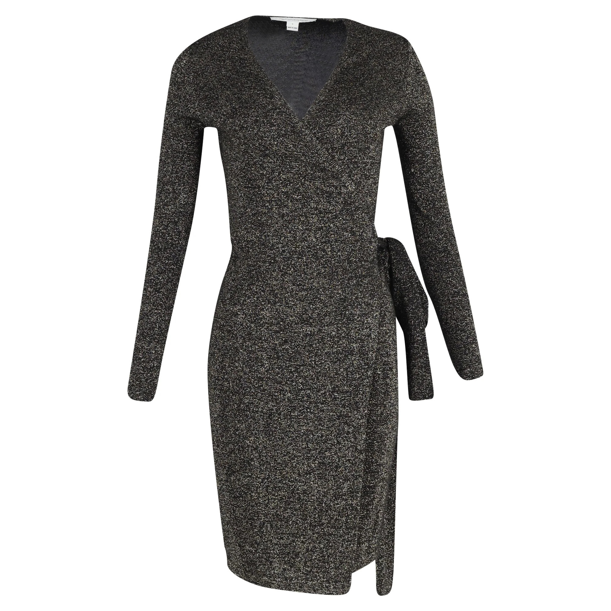 Diane Von Furstenberg Mini Evelyn Wrap Dress in Metallic Black Merino Wool | Shop Simon