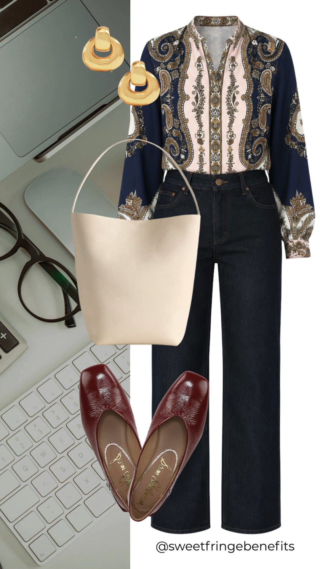This navy paisley blouse makes dark denim feel instantly more elevated. The intricate print brings personality, while burgundy pointed flats and a simple cream tote keep the look polished and wearable from work to dinner.

💡 LTK MADE EASY
❤️ Heart = Support my posts!
🔖 Save = Get sale & restock alerts
📋 Lists = Keep favorites organized
📲 Share = Send lists and products to a friend. Hello, Christmas List!
💬 Comment = Ask me anything about what I'm wearing.:-)

#LTKootd #LTKWorkwear #LTKOver40