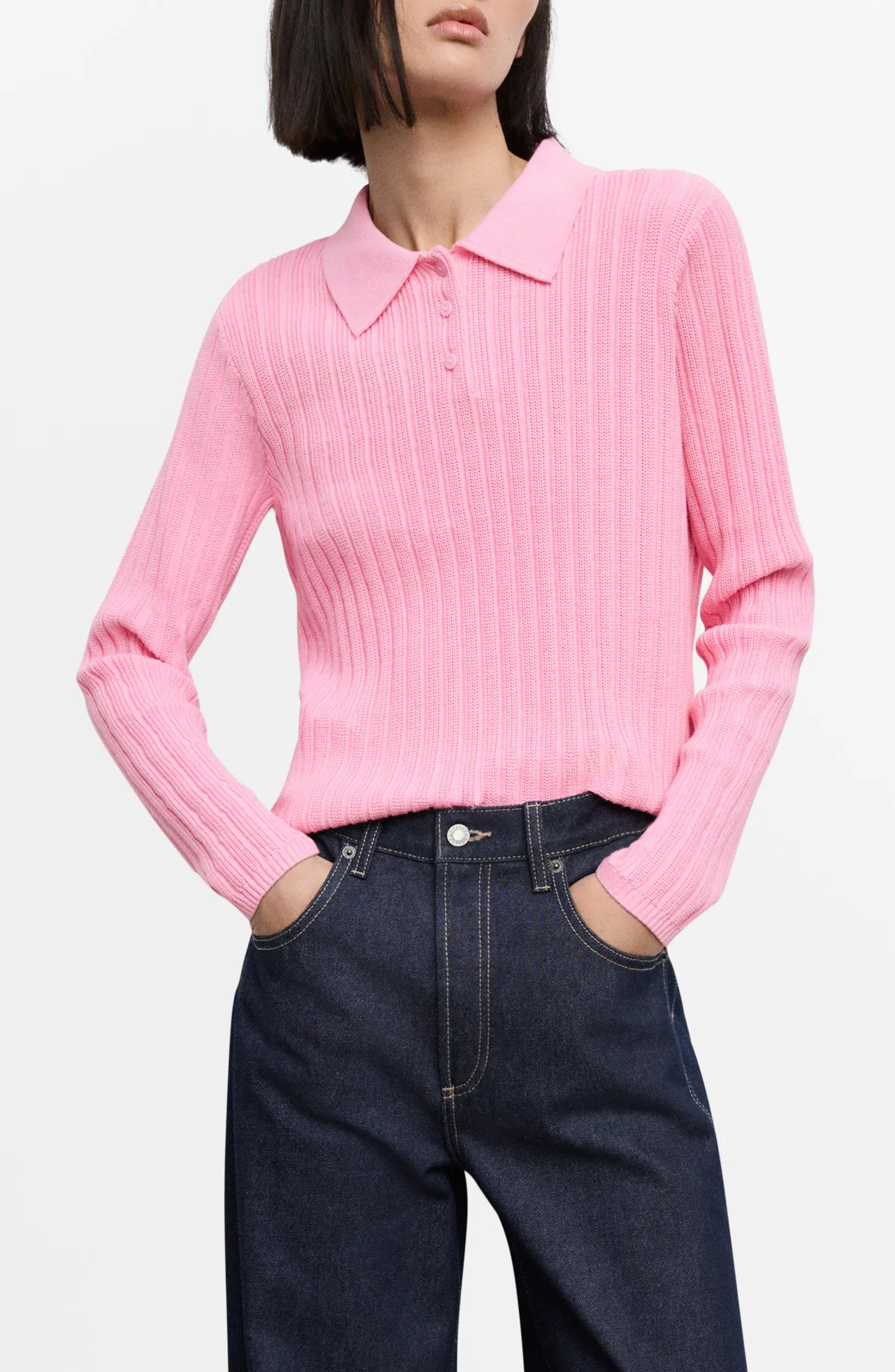 MANGO Rib Long Sleeve Polo Sweater | Nordstrom | Nordstrom