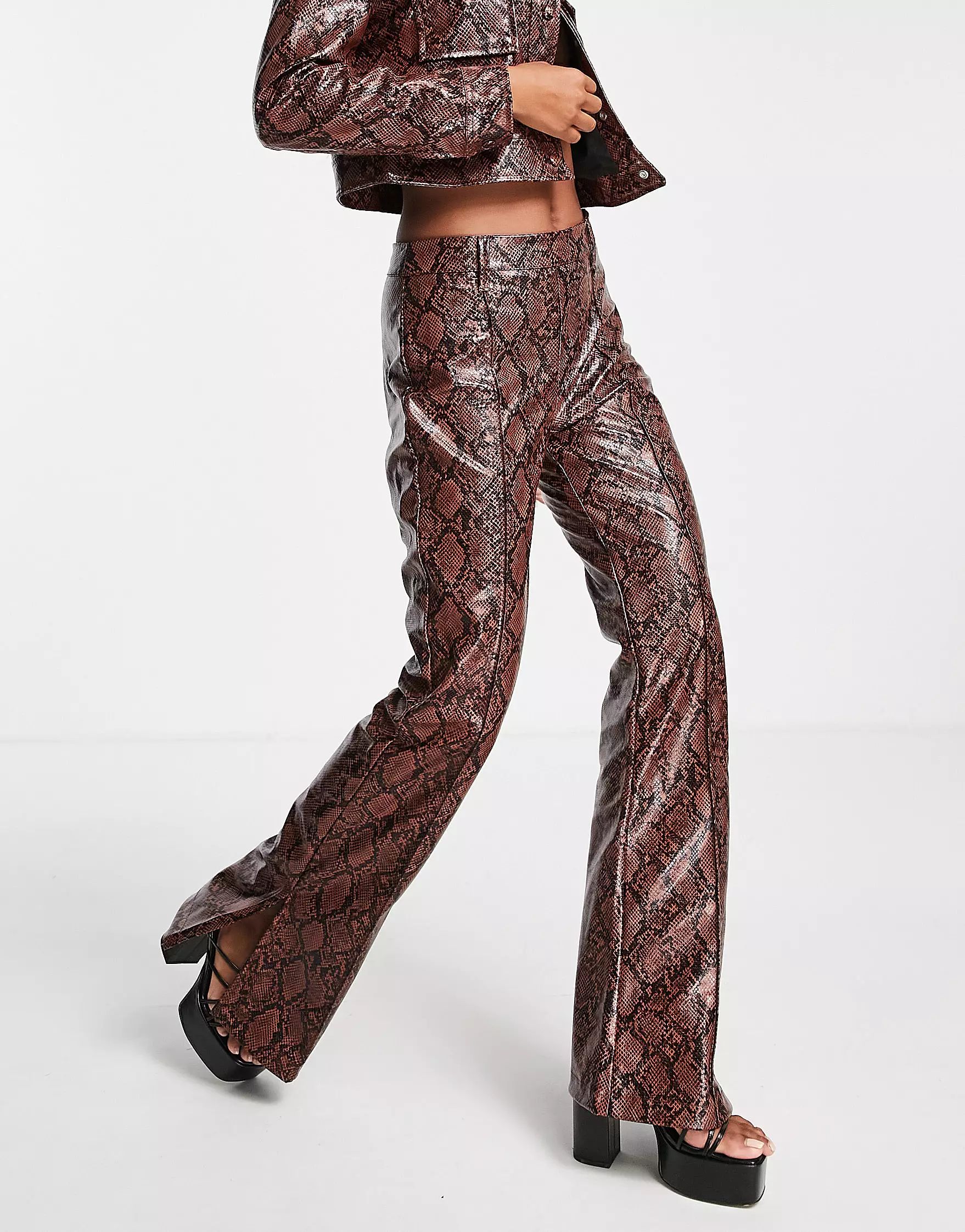 Bershka faux leather snake effect co-ord flare trousers in brown | ASOS (Global)
