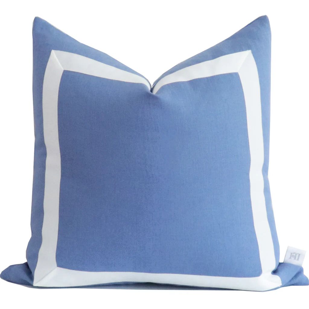 French Blue Organic Linen Pillow Cover with White Ribbon Trim | Lo Home by Lauren Haskell Designs